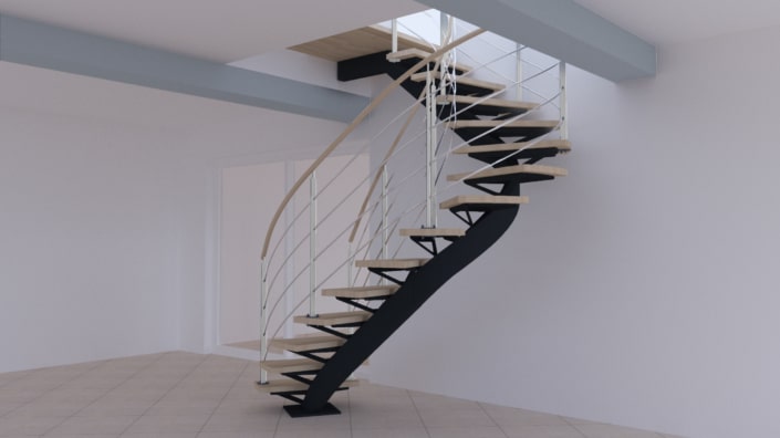 escalier quart tournant en bois avec limon et rampe en acier