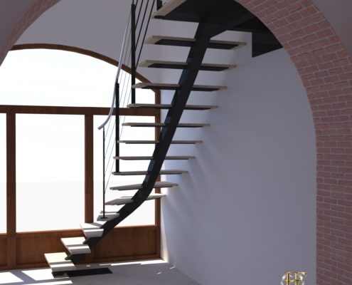 escalier quart tournant moderne en metal avec marche en bois