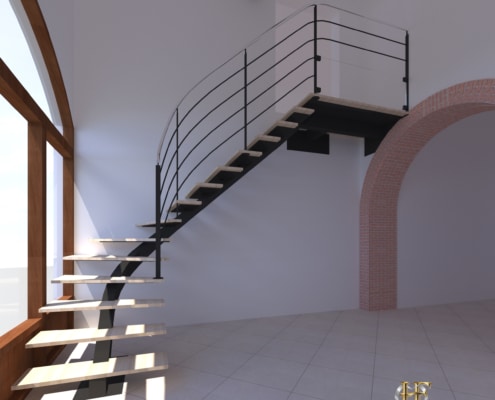 escalier quart tournant limon metal marche en bois design