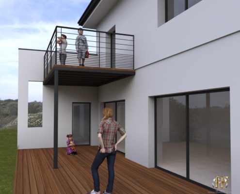 maison moderne avec terrasse en bois balcon avec support metallique et garde-corps acier