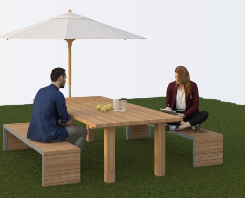 salon de jardin exterieur avec table et banc en bois et metal