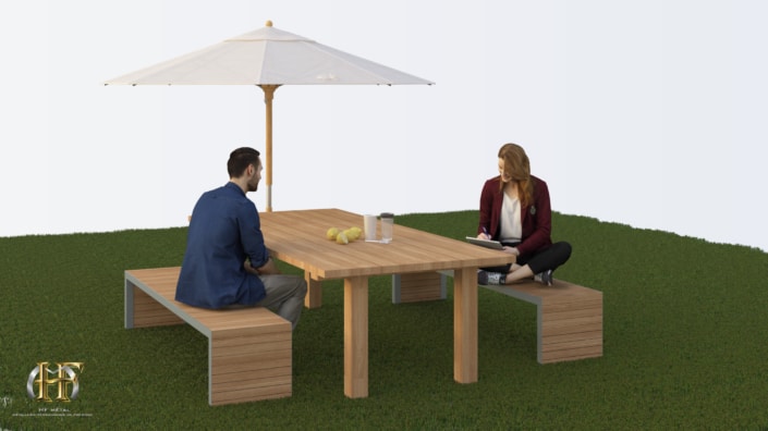 salon de jardin exterieur avec table et banc en bois et metal