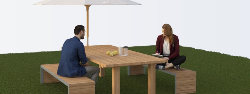 salon de jardin exterieur avec table et banc en bois et metal