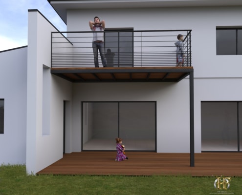 maison moderne avec balcon en bois avec support en metal et garde-corps design fer forge