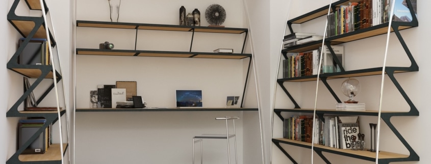 bibliotheque en acier design avec etagere en bois
