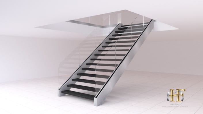 escalier droit inox rampe en verre marche en bois
