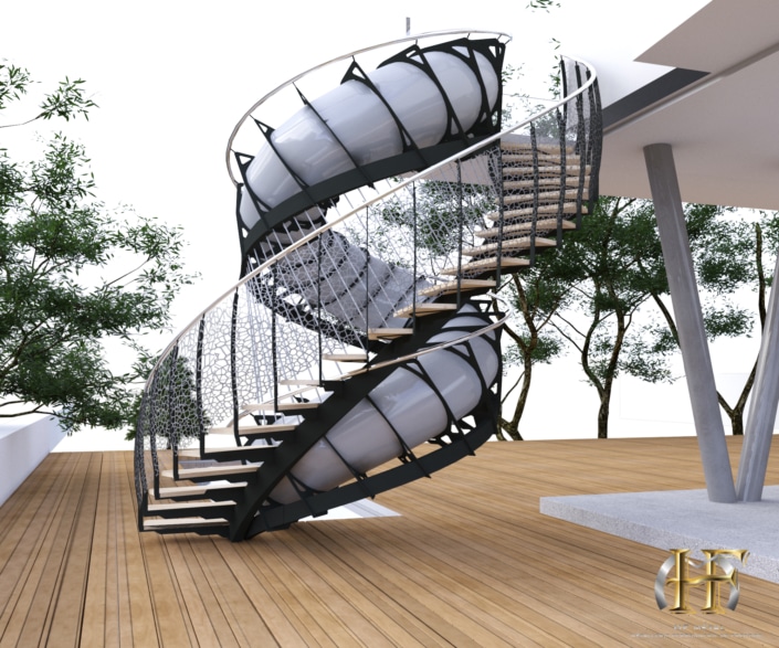 maison moderne avec escalier toboggan extérieur