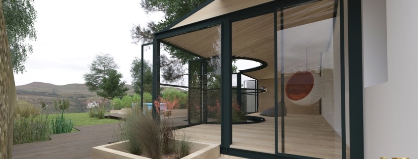 maison design avec grande baie vitrée et véranda