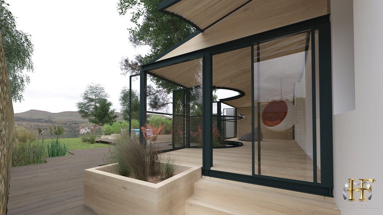 maison design avec grande baie vitrée et véranda