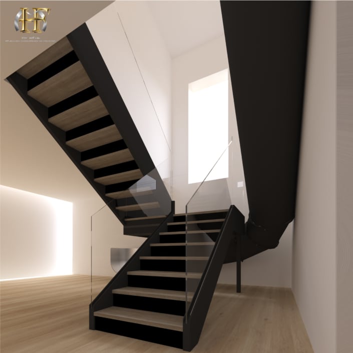 escalier double quart tournant metal bois et toboggan