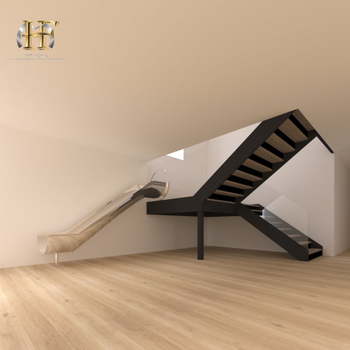 escalier deux quart tournant metal avec toboggan
