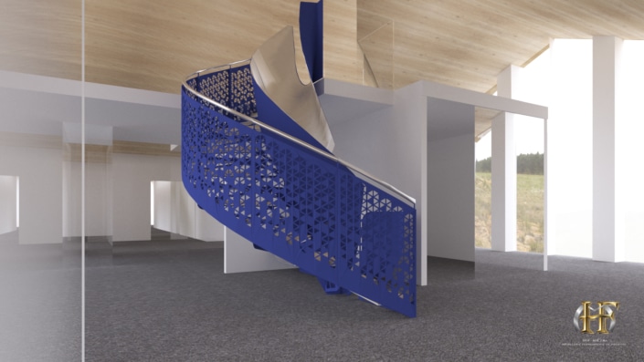 escalier colimacon metal bleu avec tobogan