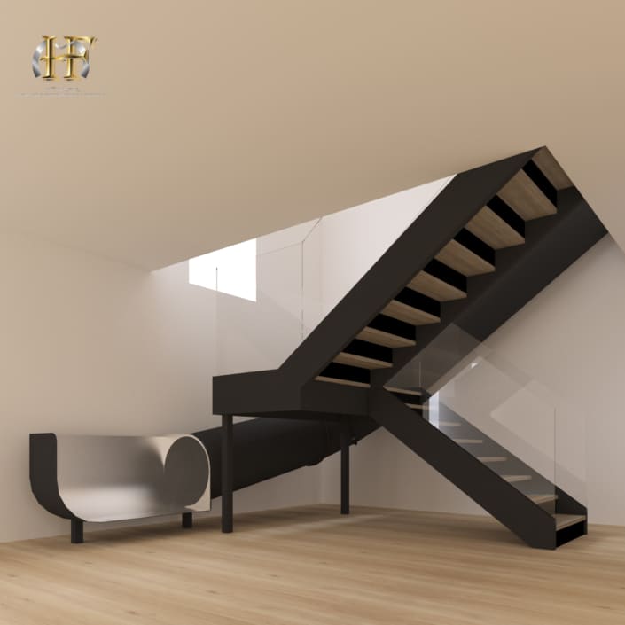 escalier double quart tournant metal bois et toboggan